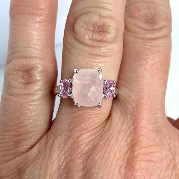 Sterling Silver 925 Thailand Faceted Prong Set Rose Quartz Pink CZ Ring Sz 5.75 - Picture 1 of 16